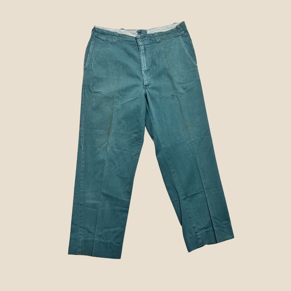 Vintage 1950s USAF Mechanic Trousers Green Distressed Military Pants 32x29